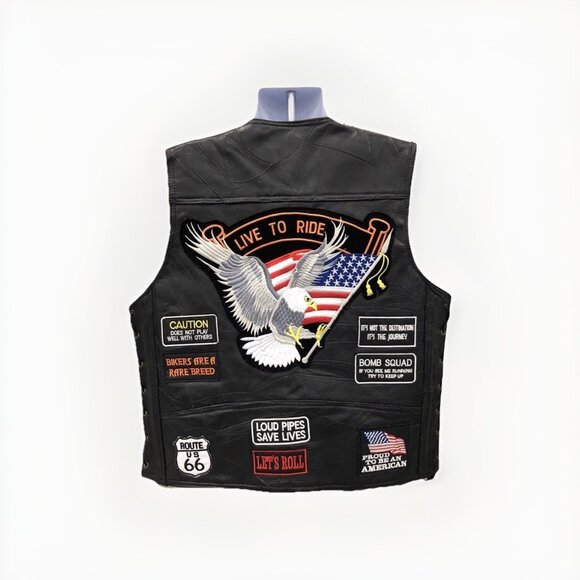 Diamond Plate Black Leather Snap Button Lace Up Side Motorcycle Biker Vest Sz XL - Picture 2 of 4